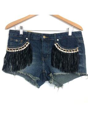 Sparkle Booty Shorts 13 Jrs Fringed Faux Leather Rhinestones Raw Hem Ripped NWT